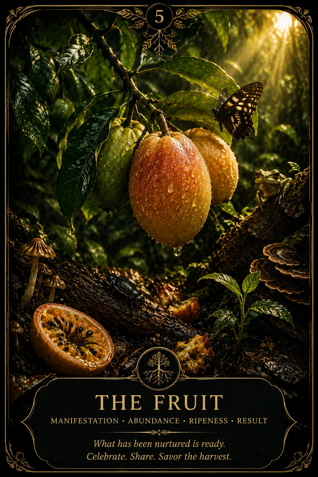 The Fruit: Manifestation, Abundance, Ripeness, Result. Dark botanical oracle artwork.