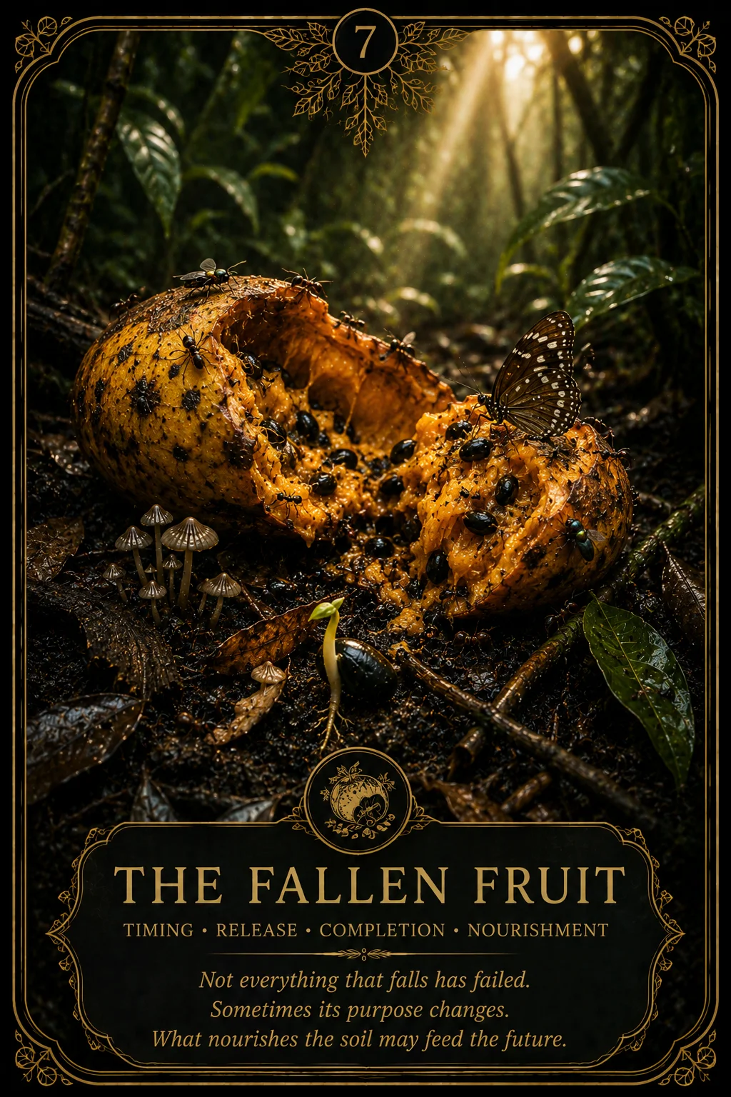 The Fallen Fruit: Timing, Release, Completion, Nourishment. Dark botanical oracle artwork.