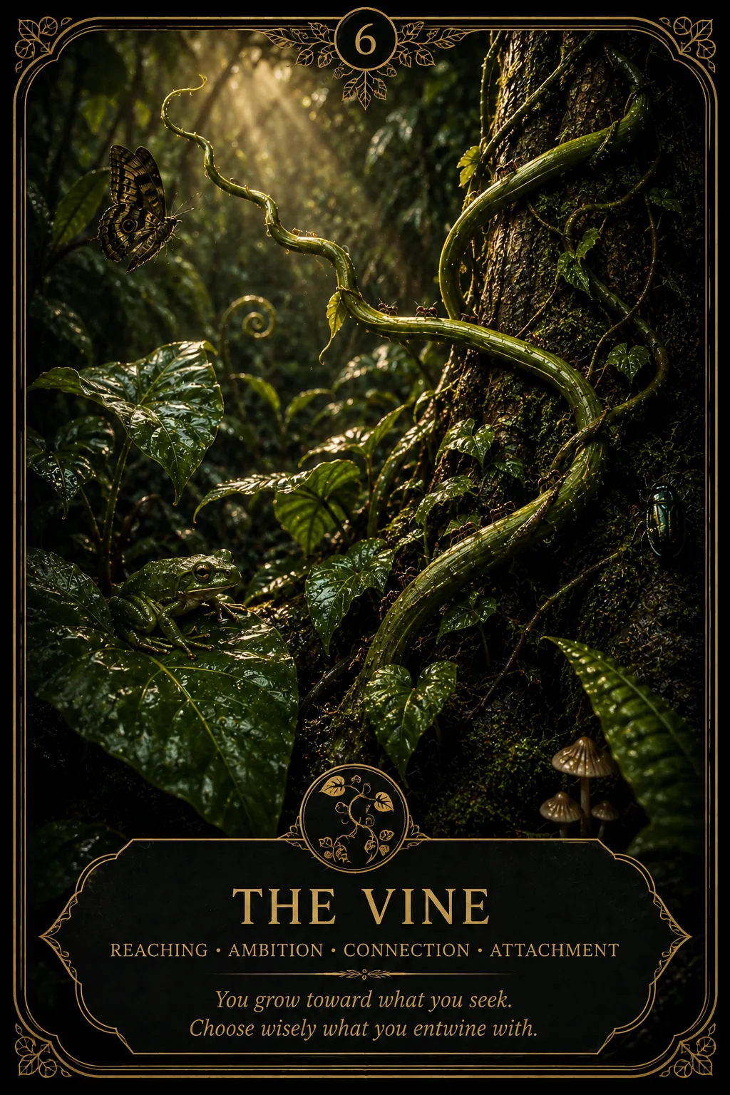 The Vine: Reaching, Ambition, Connection, Attachment. Dark botanical oracle artwork.
