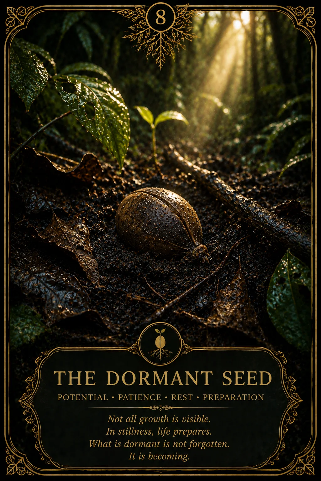The Dormant Seed: Potential, Patience, Rest, Preparation. Dark botanical oracle artwork.