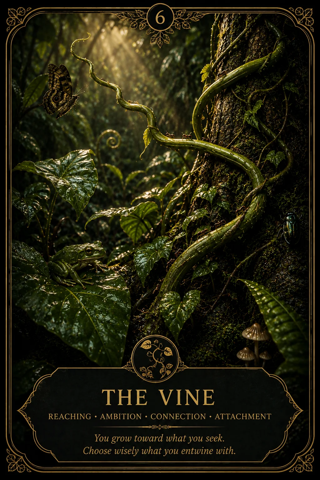The Vine: Reaching, Ambition, Connection, Attachment. Dark botanical oracle artwork.