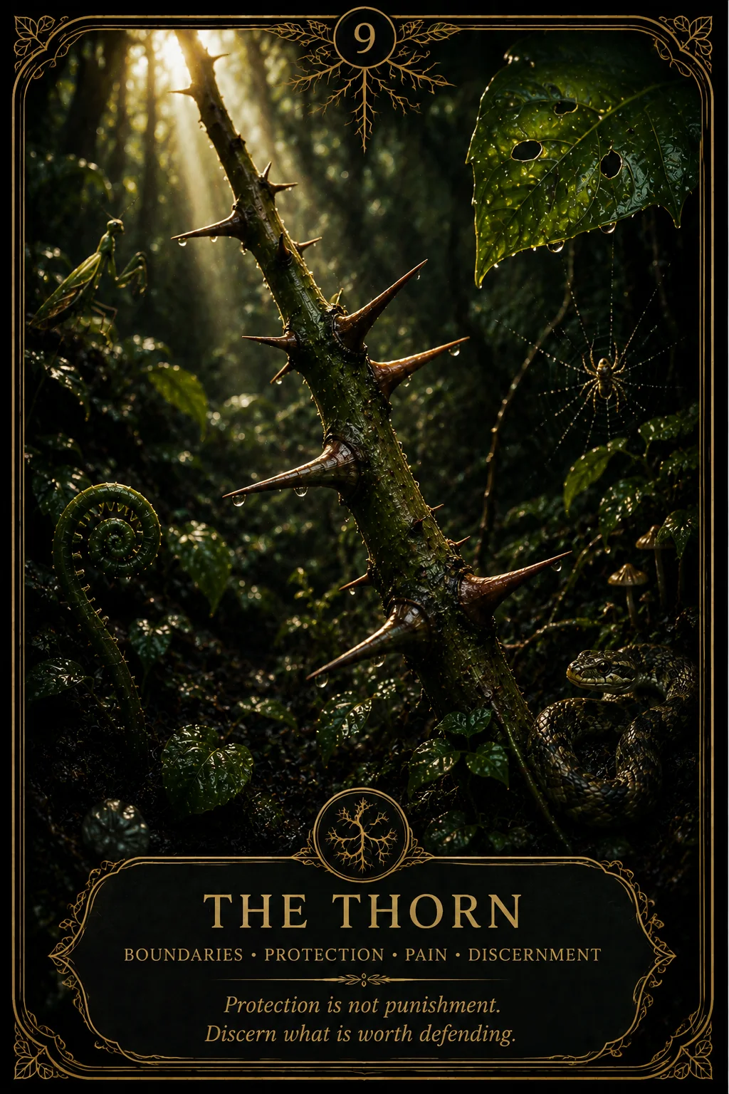 The Thorn: Boundaries, Protection, Pain, Discernment. Dark botanical oracle artwork.