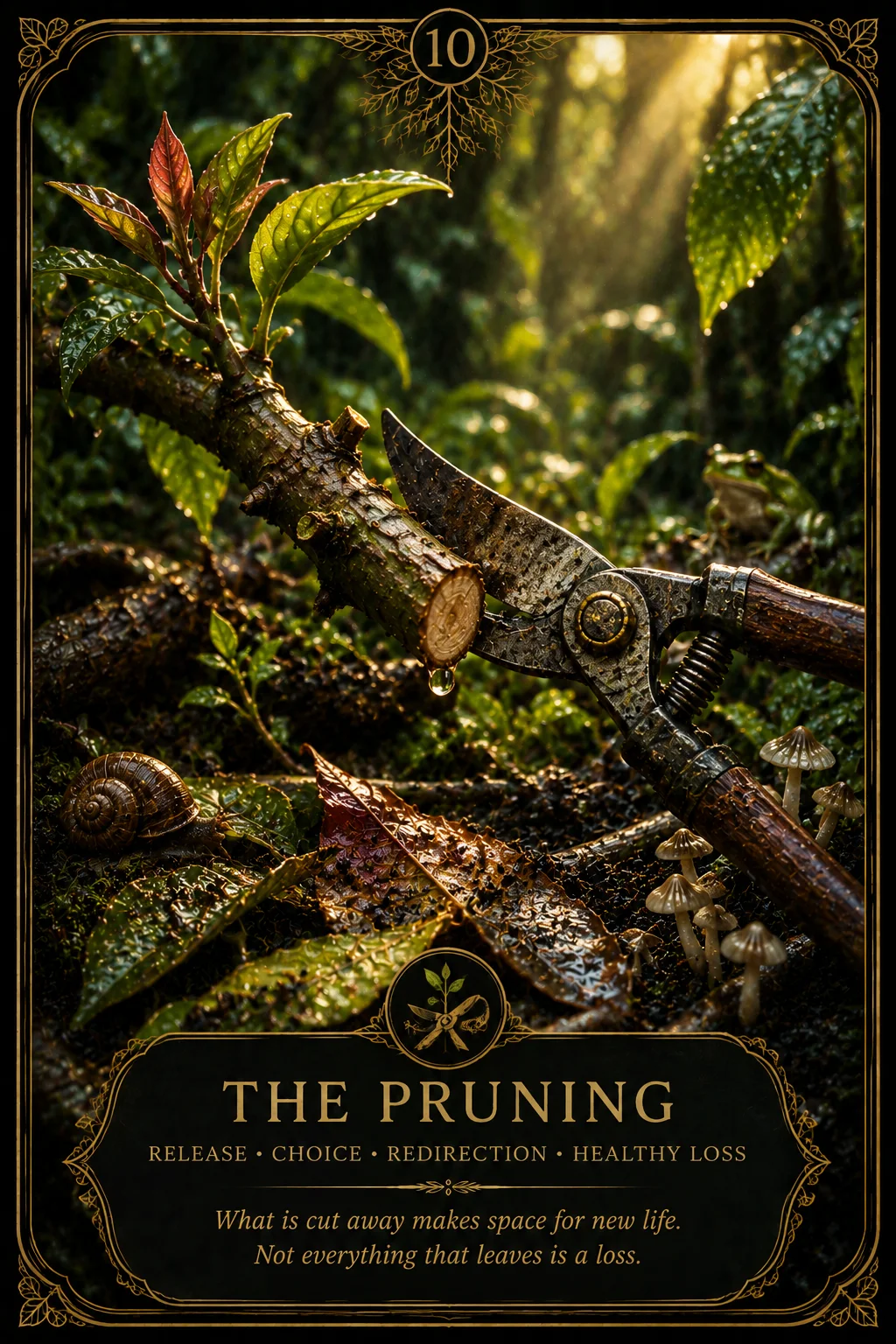 The Pruning: Release, Choice, Redirection, Healthy loss. Dark botanical oracle artwork.