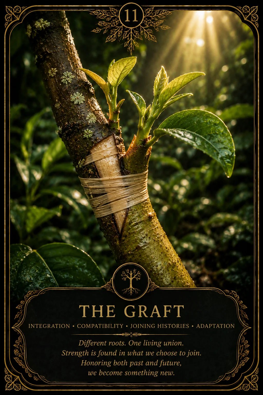 The Graft: Integration, Compatibility, Joining histories, Adaptation. Dark botanical oracle artwork.