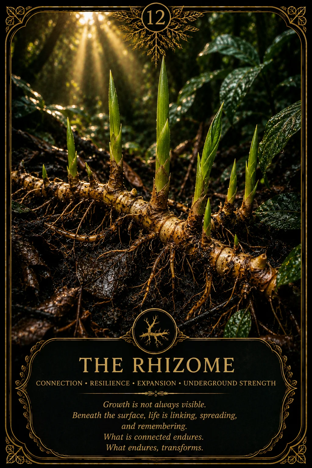 The Rhizome: Connection, Resilience, Expansion, Underground strength. Dark botanical oracle artwork.