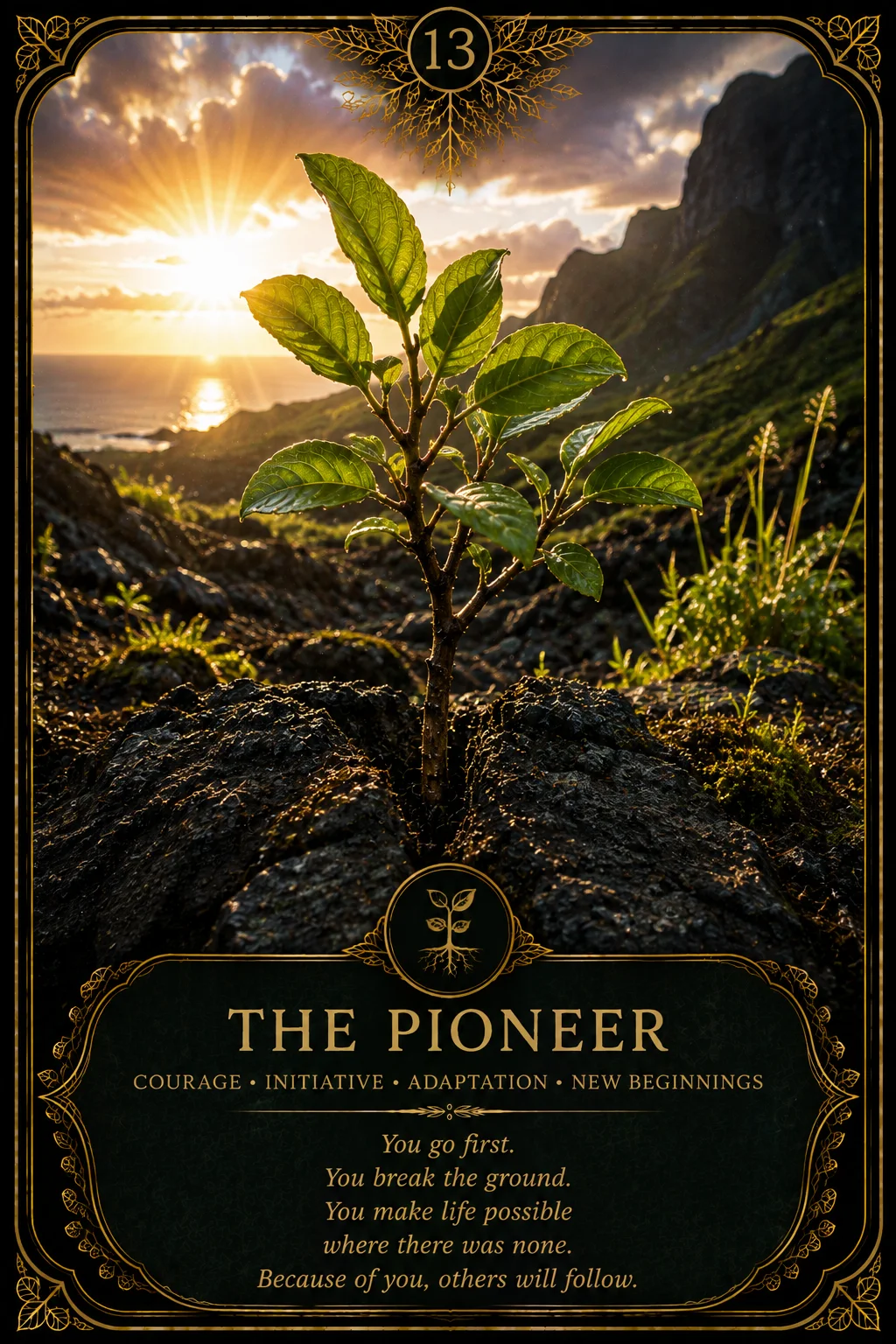 The Pioneer: Courage, Initiative, Adaptation, New beginnings. Dark botanical oracle artwork.