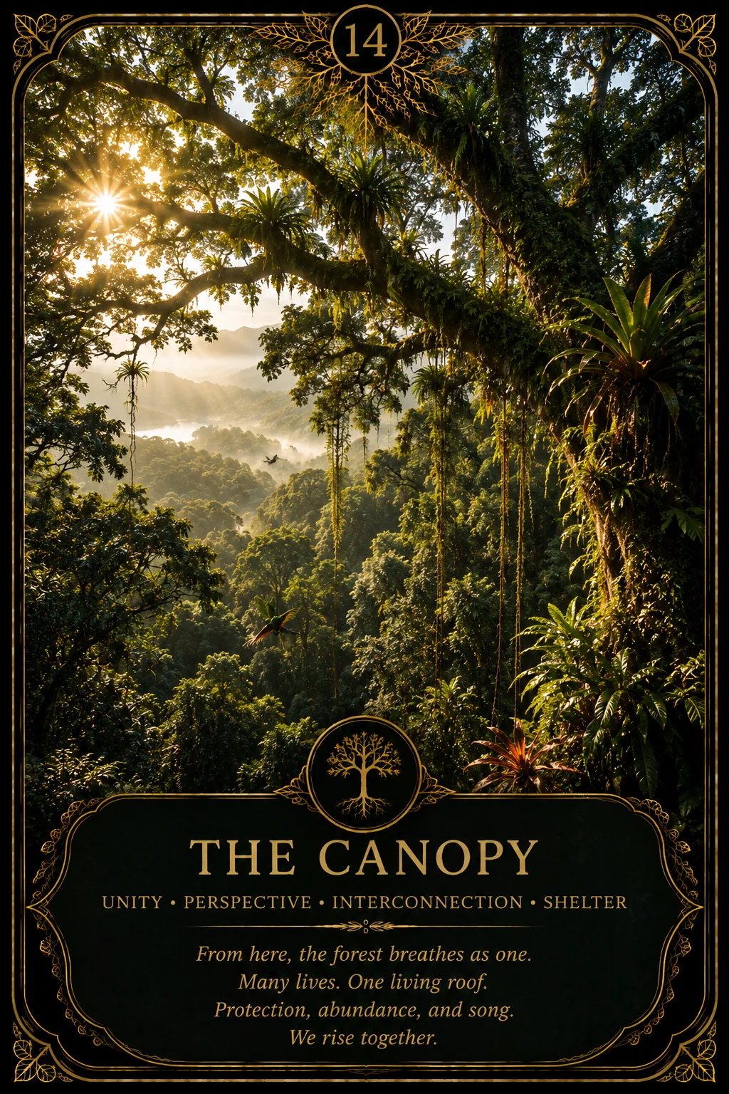 The Canopy: Unity, Perspective, Interconnection, Shelter. Dark botanical oracle artwork.