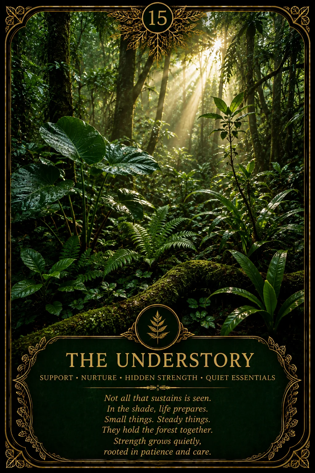 The Understory: Support, Nurture, Hidden strength, Quiet essentials. Dark botanical oracle artwork.