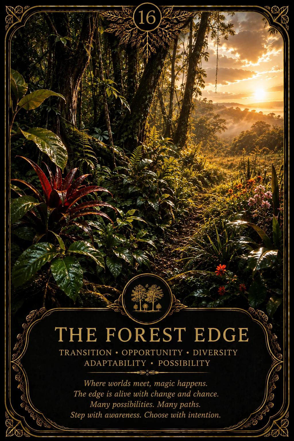The Forest Edge: Transition, Opportunity, Diversity, Adaptability, Possibility. Dark botanical oracle artwork.