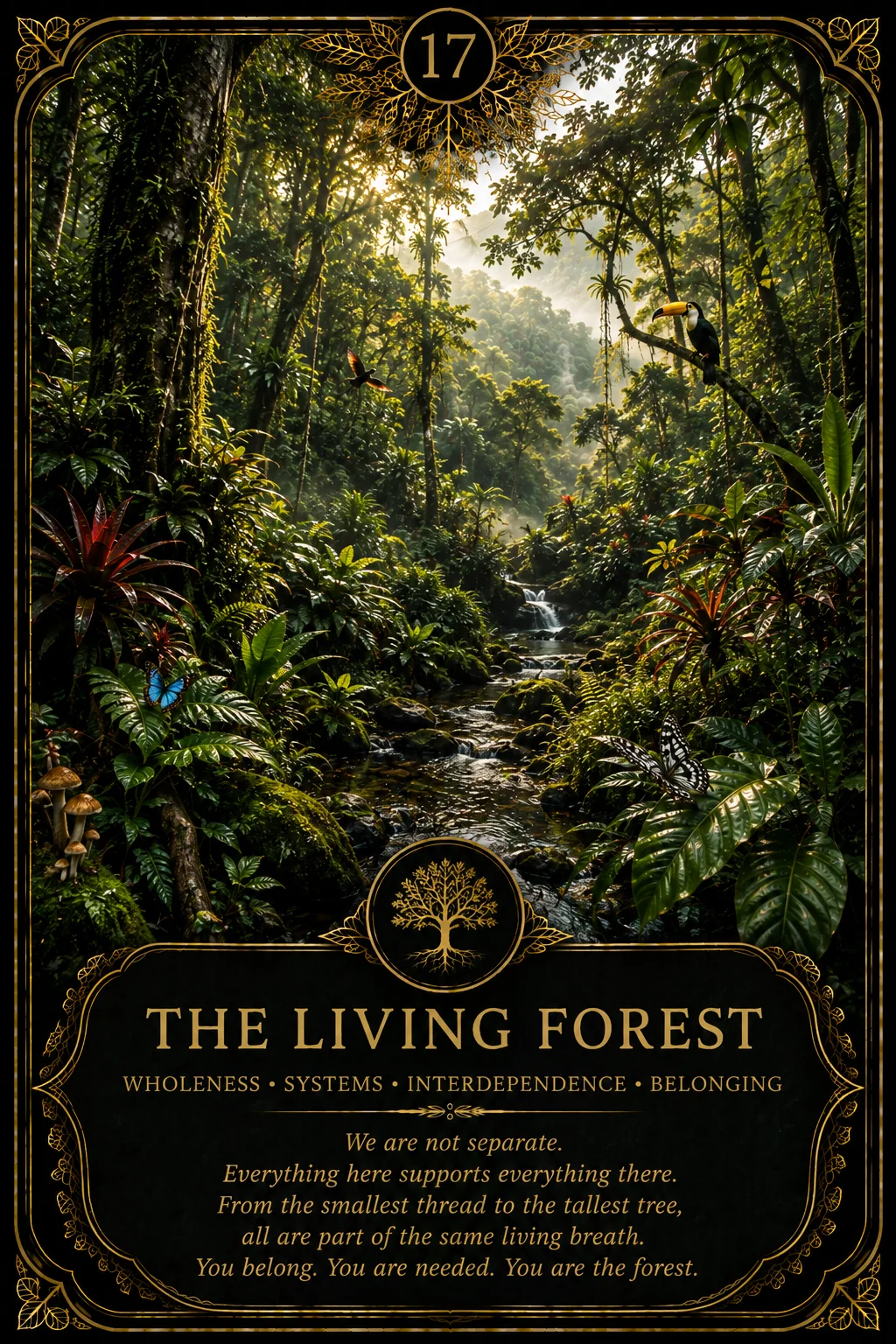 The Living Forest: Wholeness, Systems, Interdependence, Belonging. Dark botanical oracle artwork.