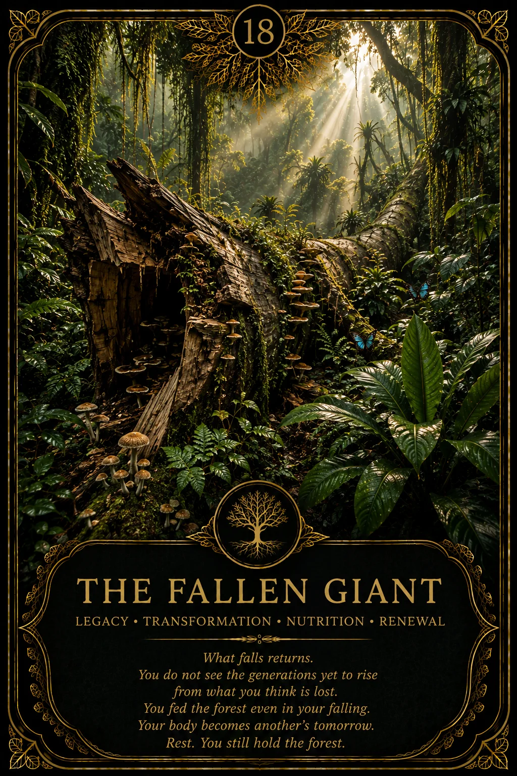 The Fallen Giant: Legacy, Transformation, Nutrition, Renewal. Dark botanical oracle artwork.