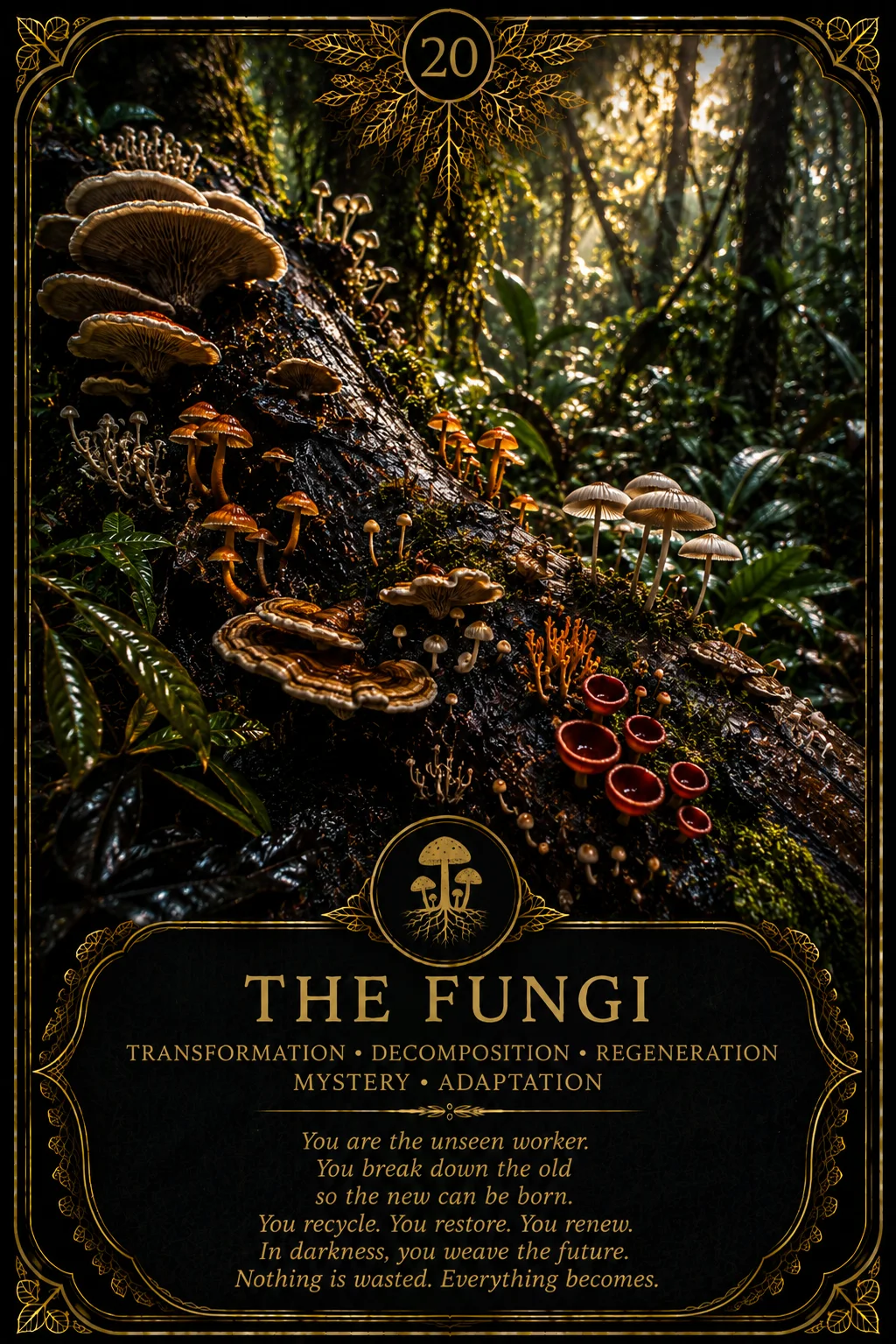 The Fungi: Transformation, Decomposition, Regeneration, Mystery, Adaptation. Dark botanical oracle artwork.