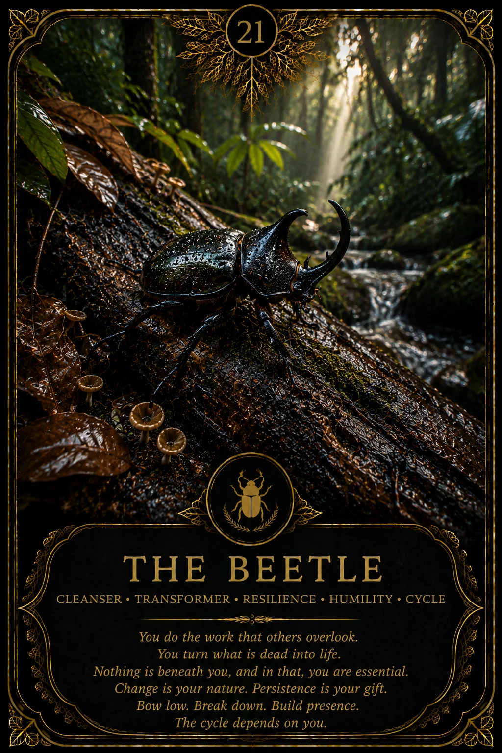 The Beetle: Cleanser, Transformer, Resilience, Humility, Cycle. Dark botanical oracle artwork.