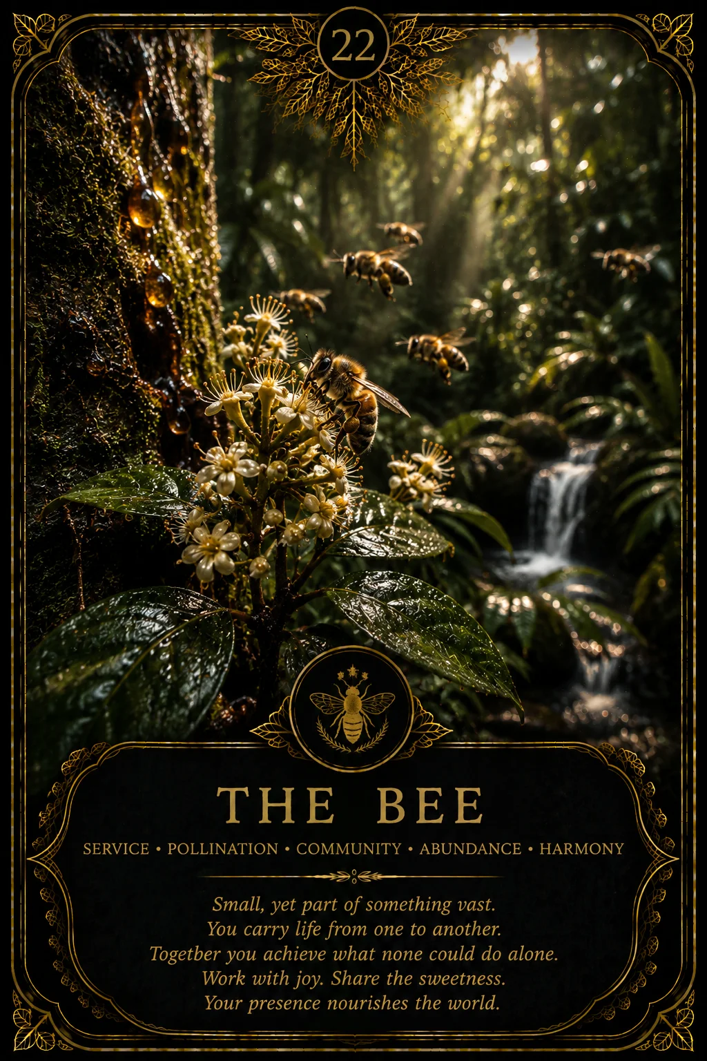 The Bee: Service, Pollination, Community, Abundance, Harmony. Dark botanical oracle artwork.
