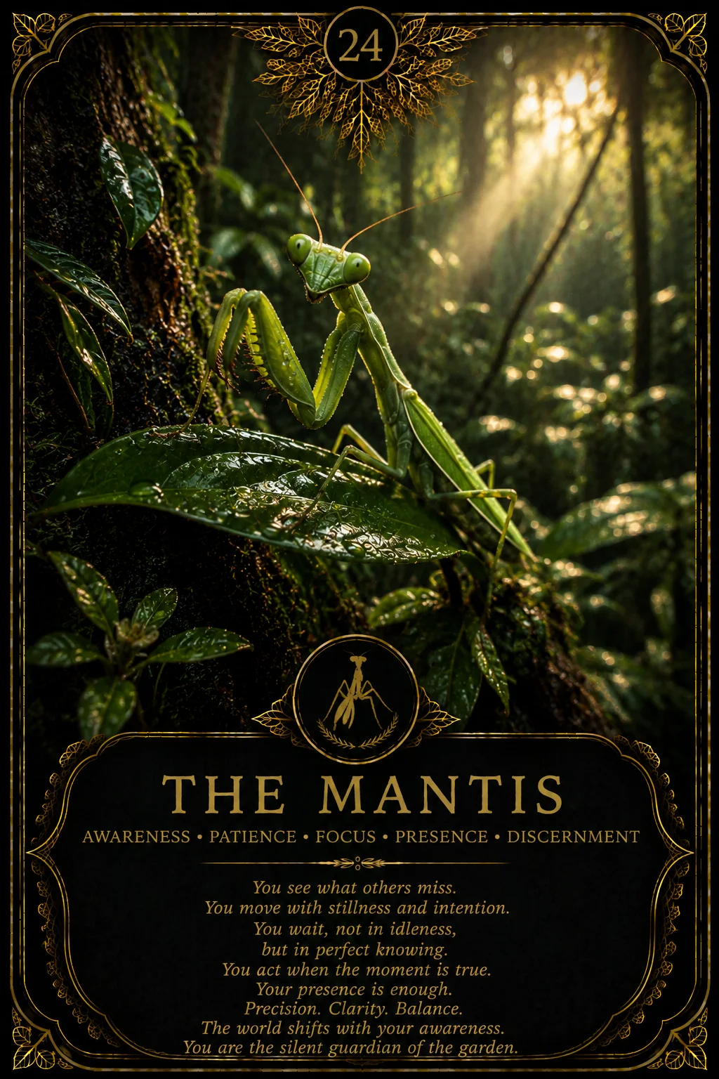 The Mantis: Awareness, Patience, Focus, Presence, Discernment. Dark botanical oracle artwork.