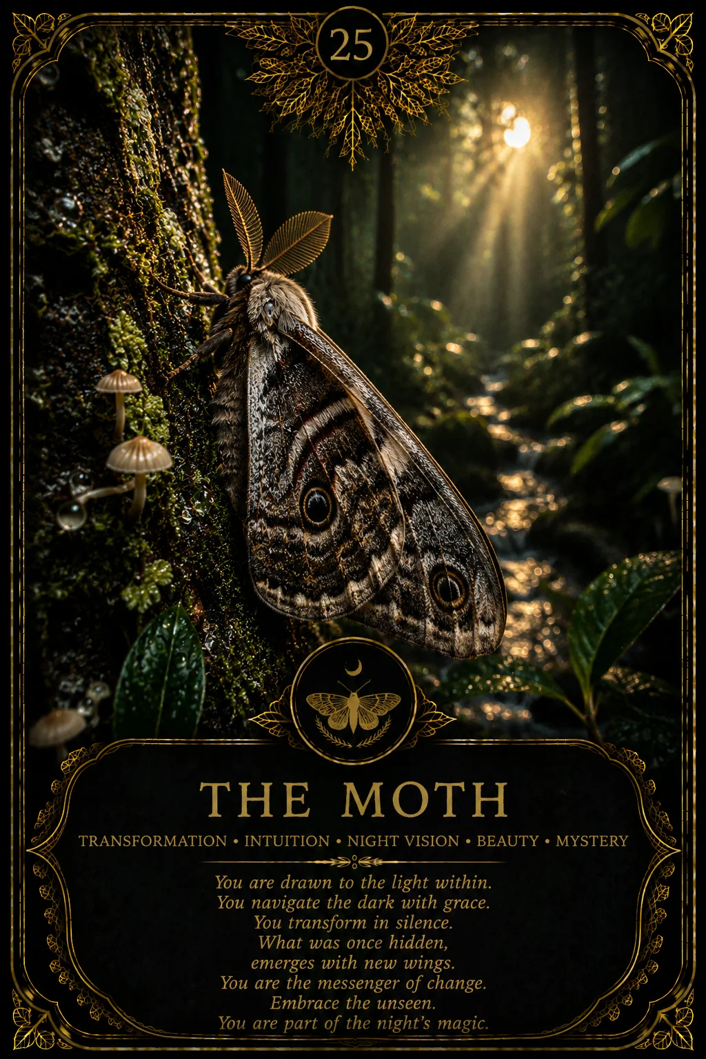 The Moth: Transformation, Intuition, Night vision, Beauty, Mystery. Dark botanical oracle artwork.
