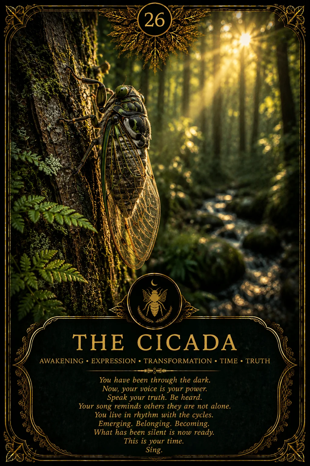 The Cicada: Awakening, Expression, Transformation, Time, Truth. Dark botanical oracle artwork.