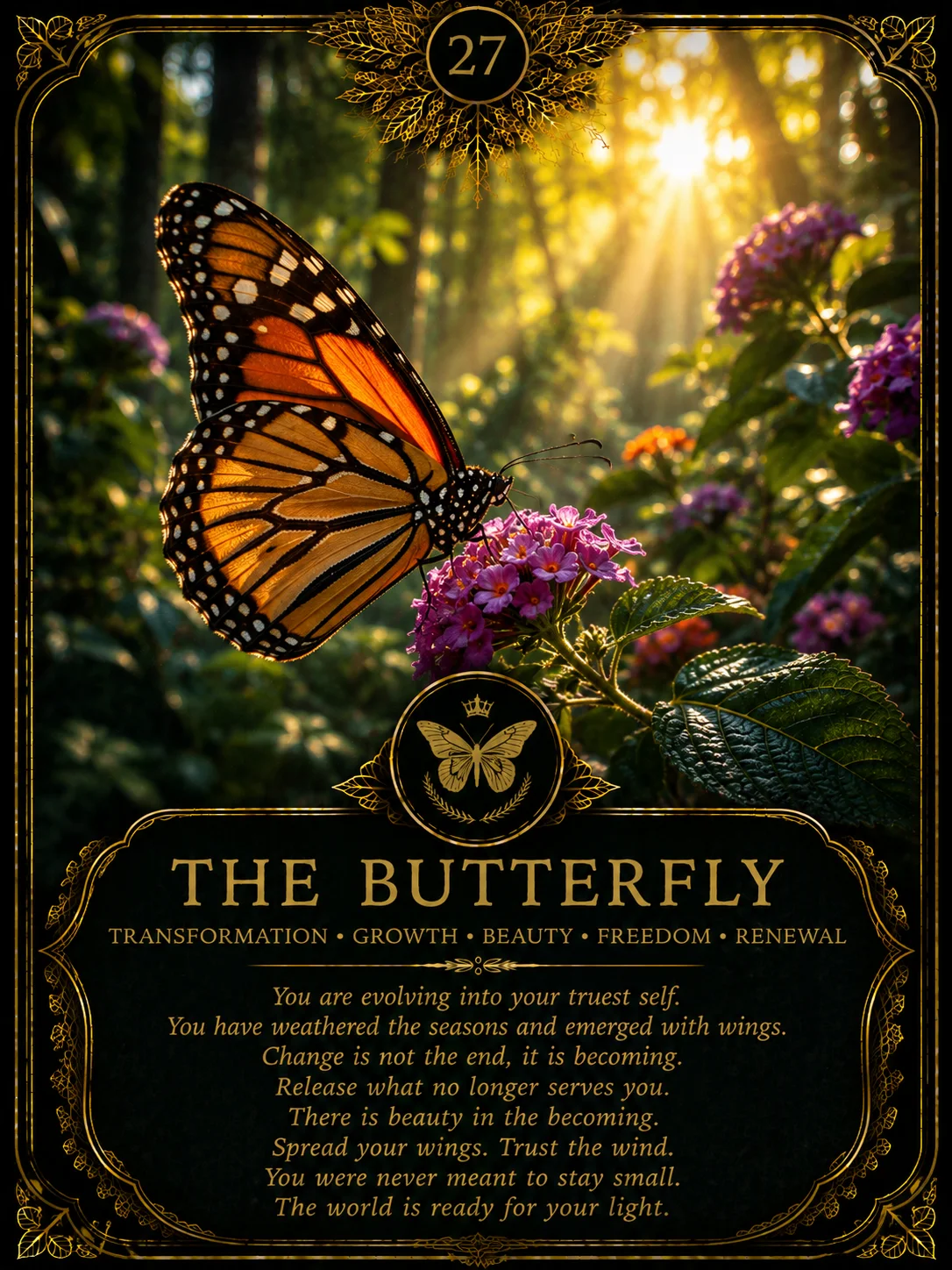 The Butterfly: Transformation, Growth, Beauty, Freedom, Renewal. Dark botanical oracle artwork.