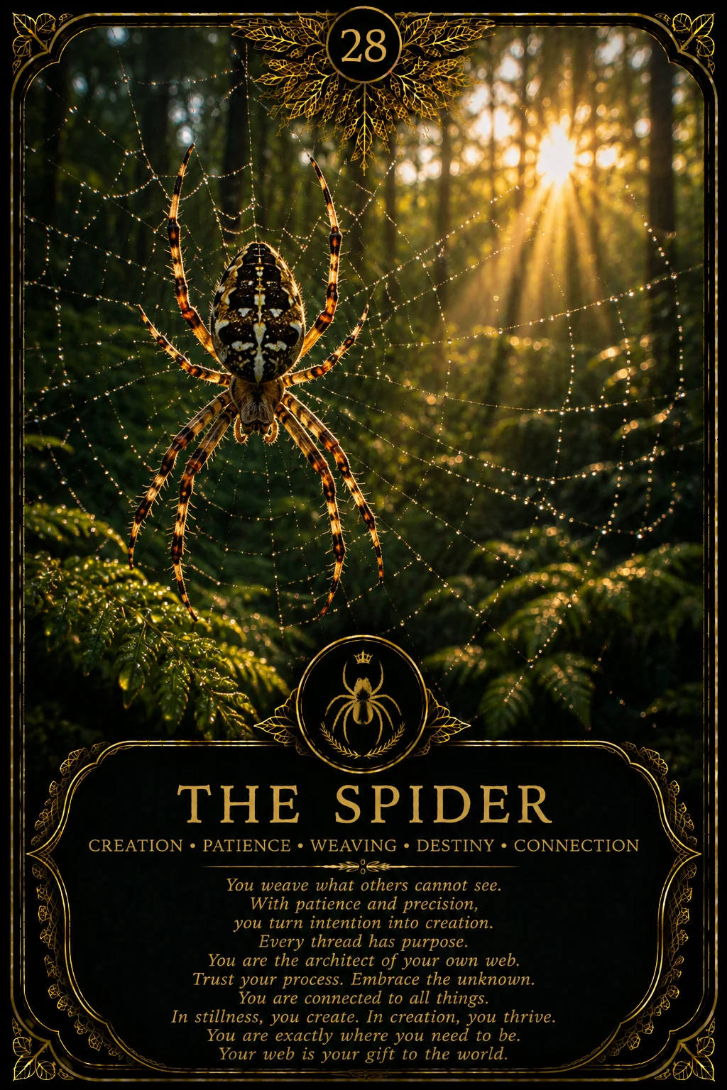 The Spider: Creation, Patience, Weaving, Destiny, Connection. Dark botanical oracle artwork.