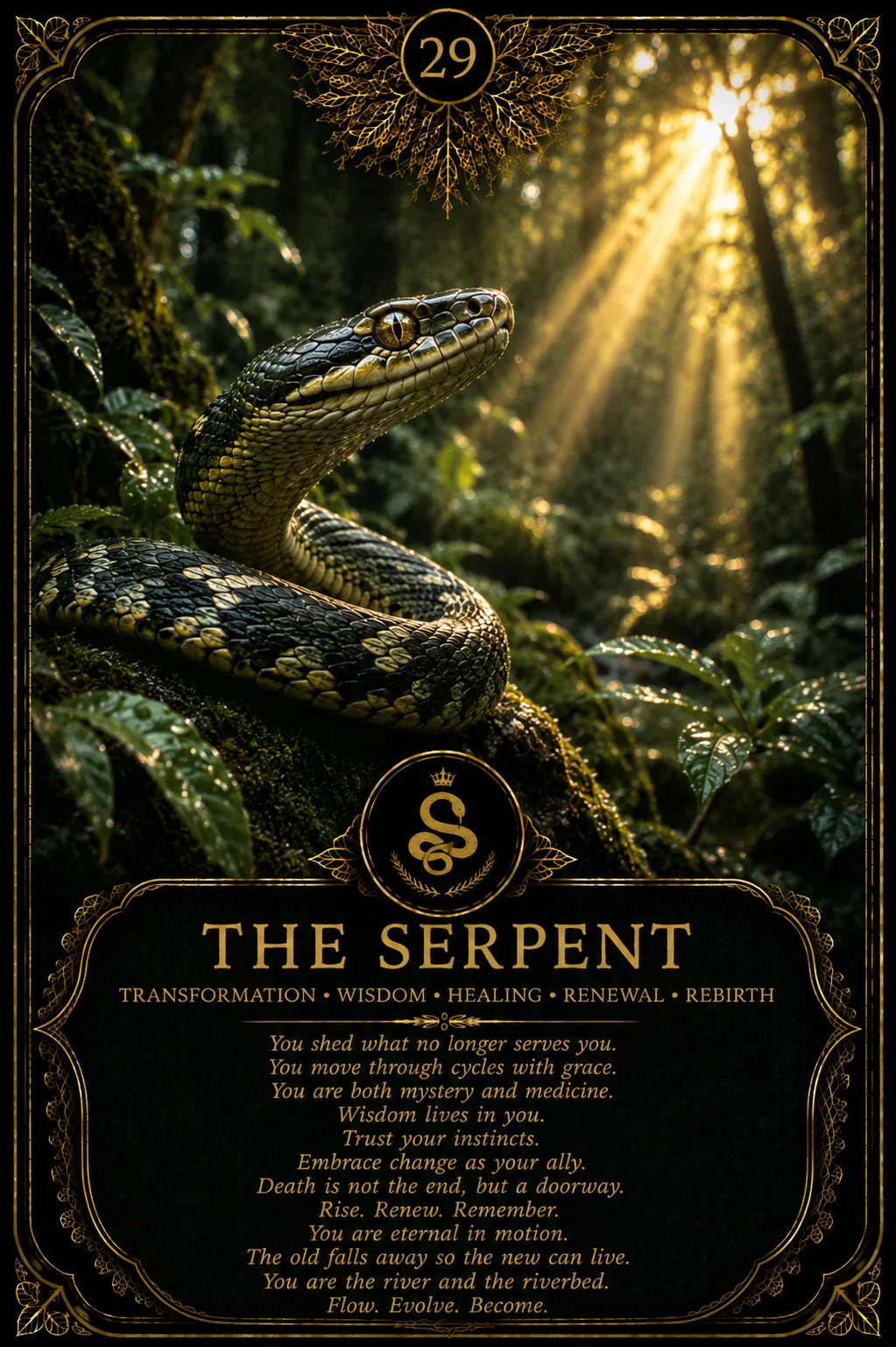 The Serpent: Transformation, Wisdom, Healing, Renewal, Rebirth. Dark botanical oracle artwork.