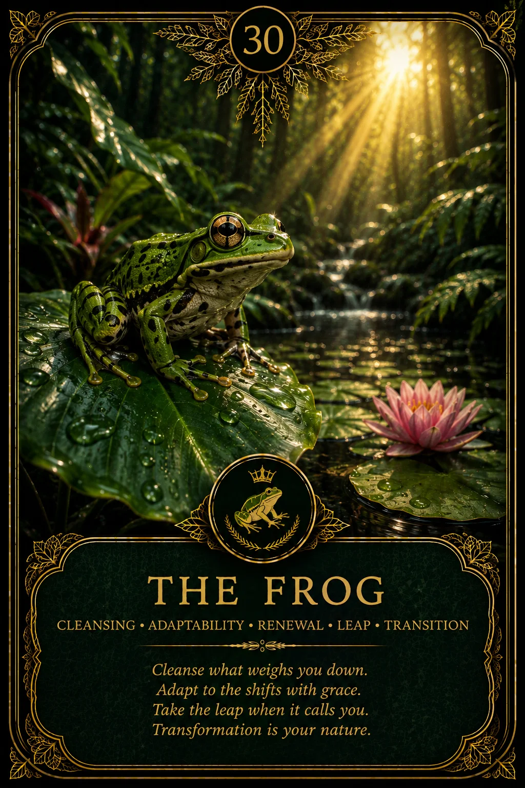 The Frog: Cleansing, Adaptability, Renewal, Leap, Transition. Dark botanical oracle artwork.