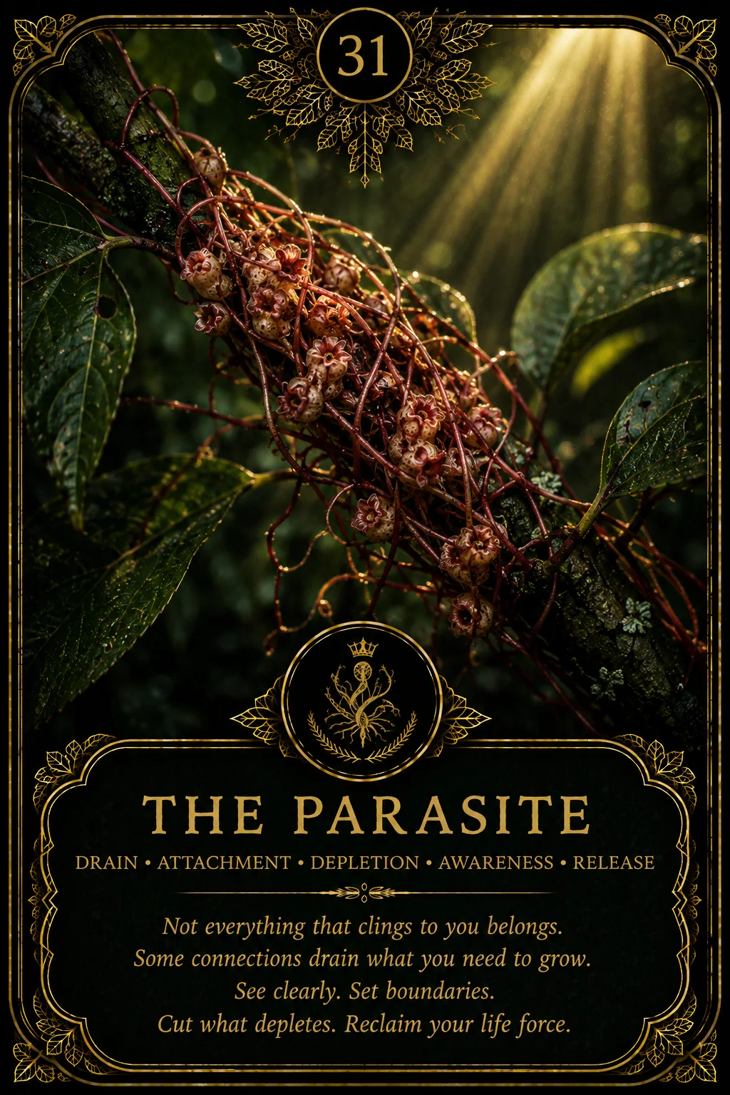 The Parasite: Drain, Attachment, Depletion, Awareness, Release. Dark botanical oracle artwork.