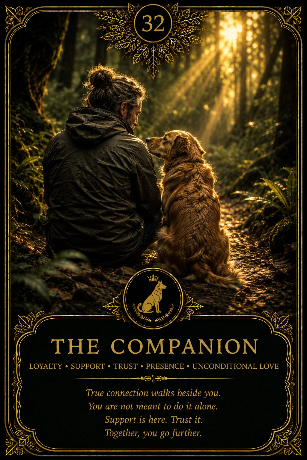 The Companion: Loyalty, Support, Trust, Presence, Unconditional love. Dark botanical oracle artwork.