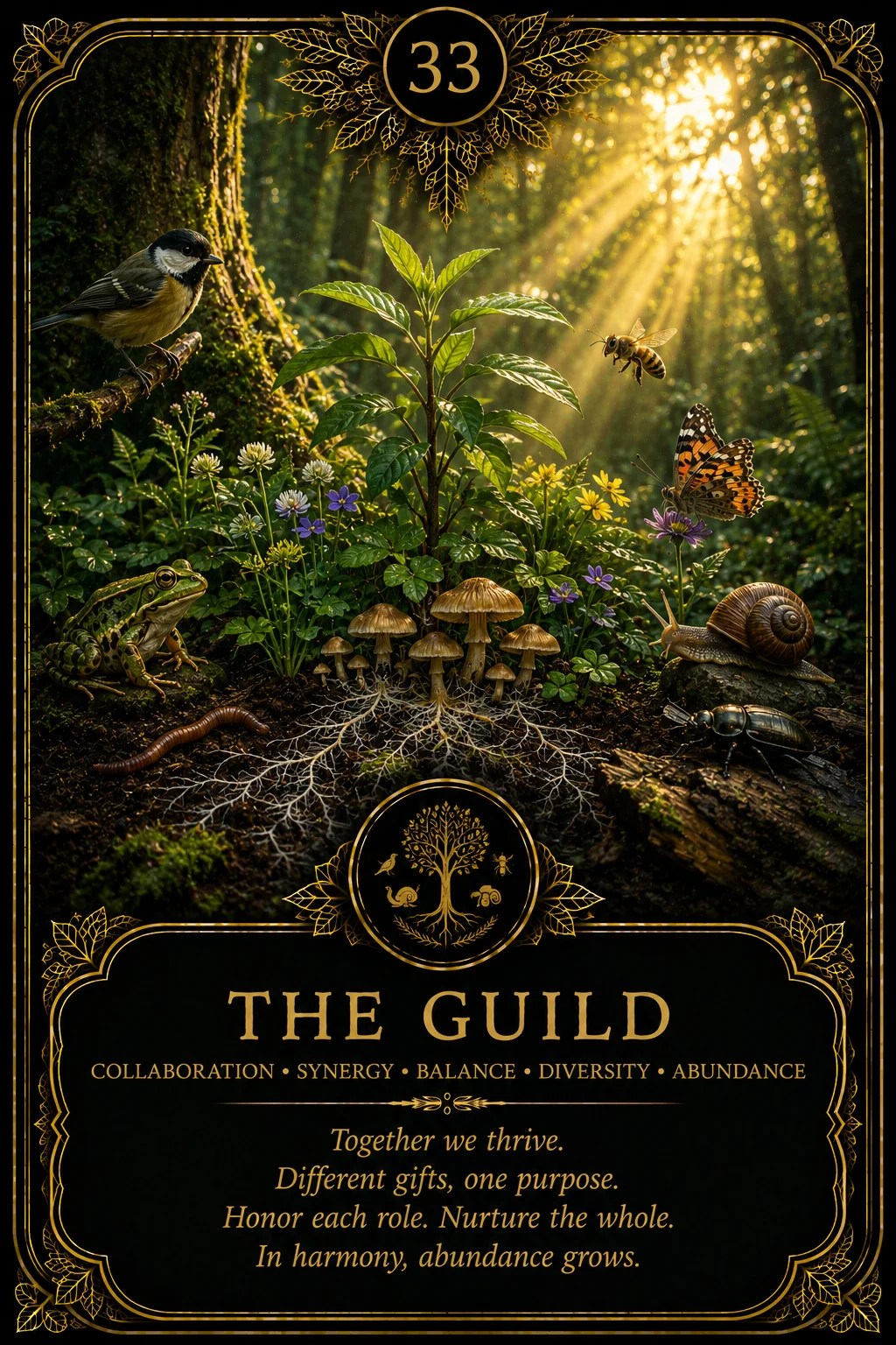 The Guild: Collaboration, Synergy, Balance, Diversity, Abundance. Dark botanical oracle artwork.