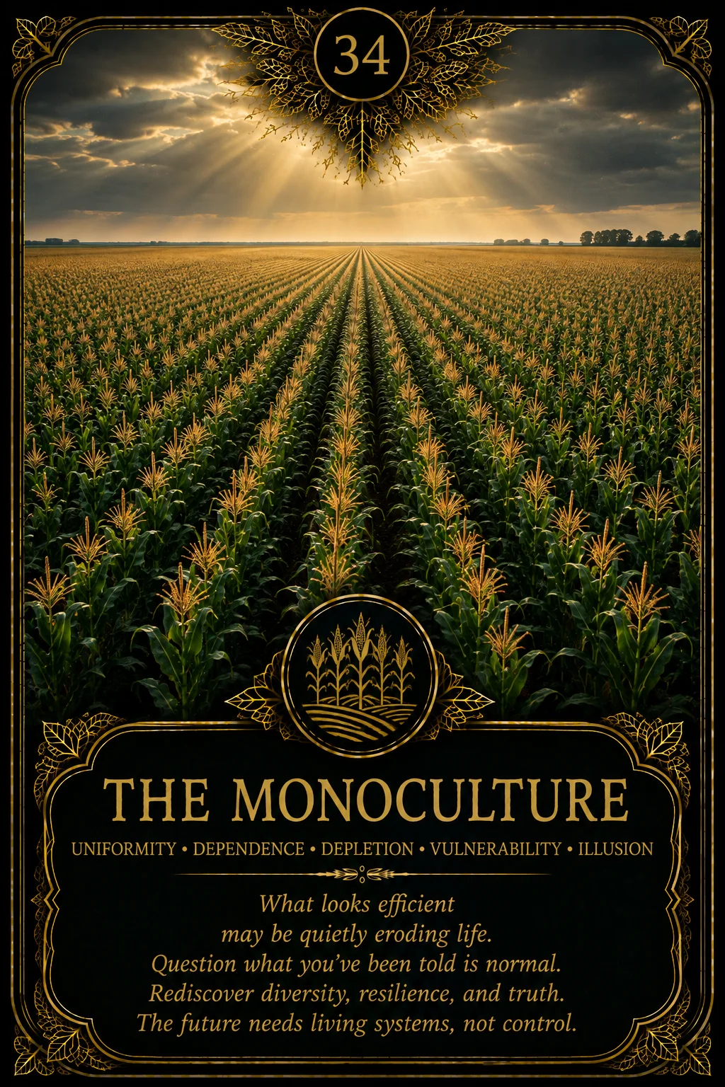 The Monoculture: Uniformity, Dependence, Depletion, Vulnerability, Illusion. Dark botanical oracle artwork.