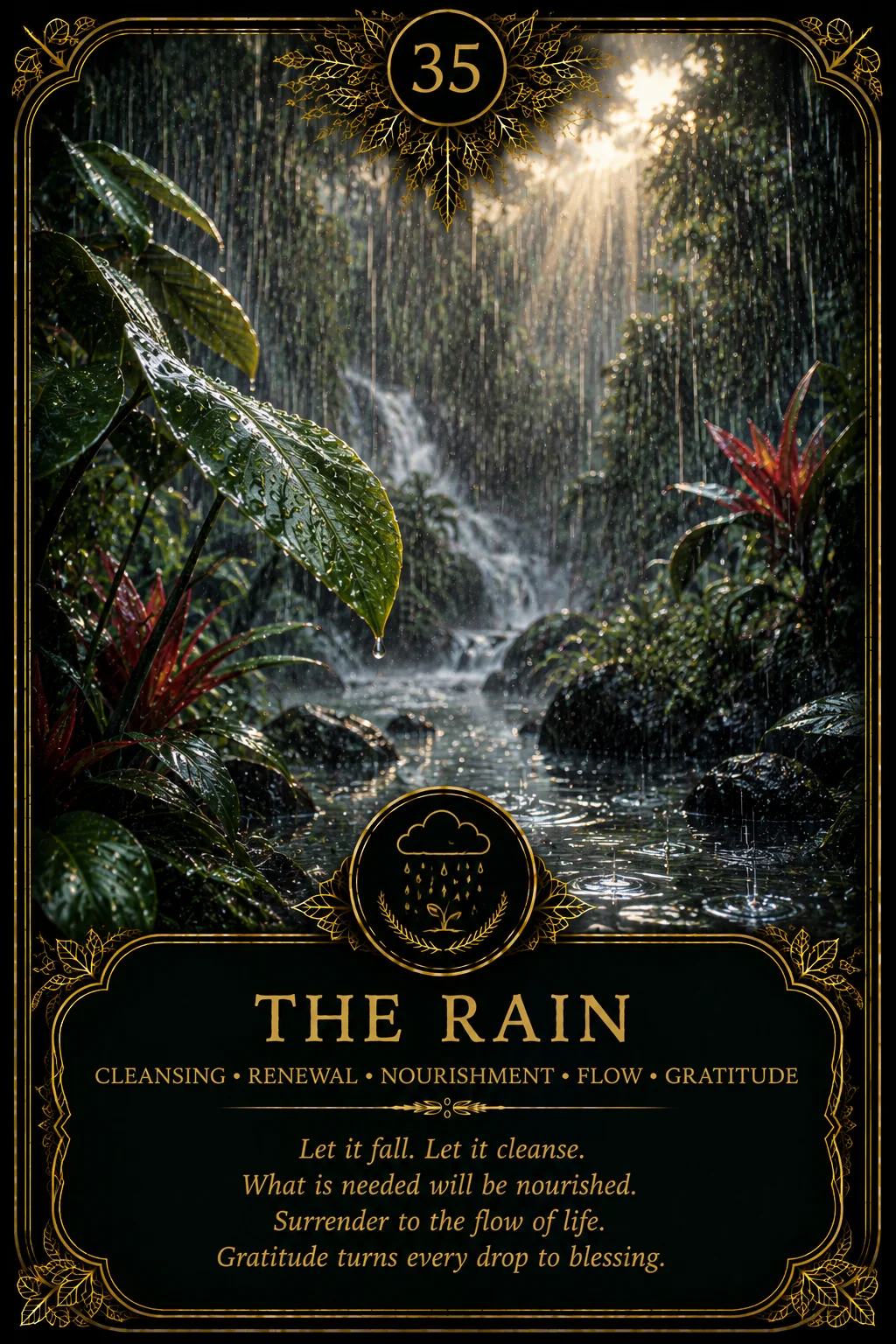 The Rain: Cleansing, Renewal, Nourishment, Flow, Gratitude. Dark botanical oracle artwork.