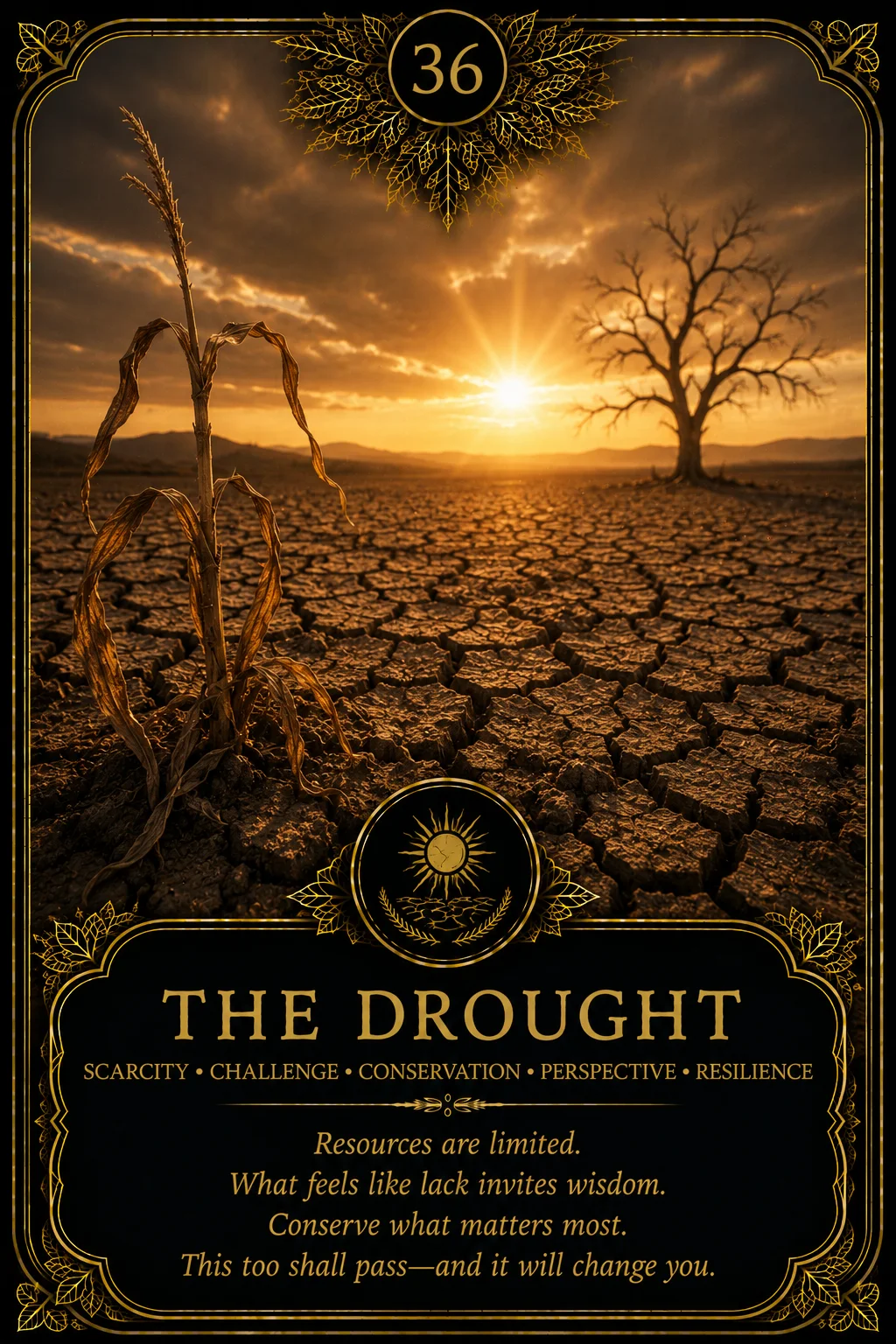 The Drought: Scarcity, Challenge, Conservation, Perspective, Resilience. Dark botanical oracle artwork.