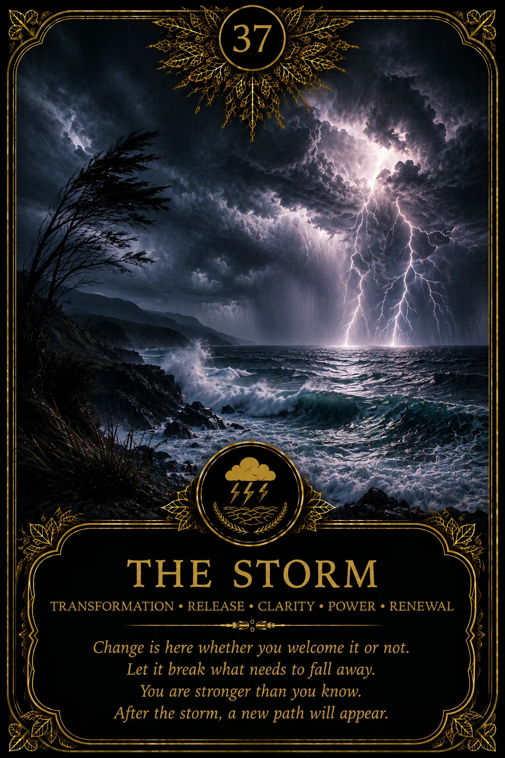 The Storm: Transformation, Release, Clarity, Power, Renewal. Dark botanical oracle artwork.