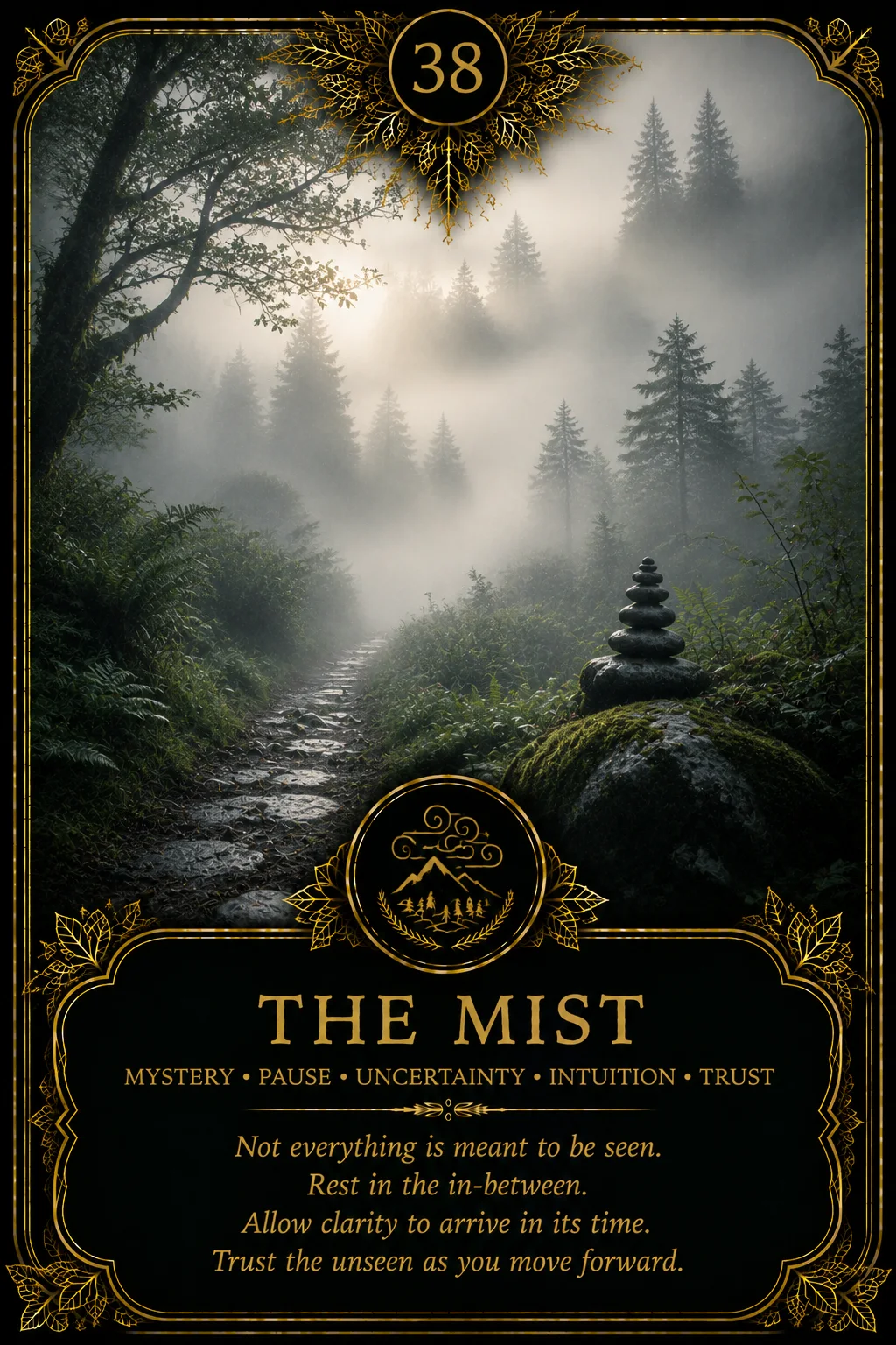 The Mist: Mystery, Pause, Uncertainty, Intuition, Trust. Dark botanical oracle artwork.