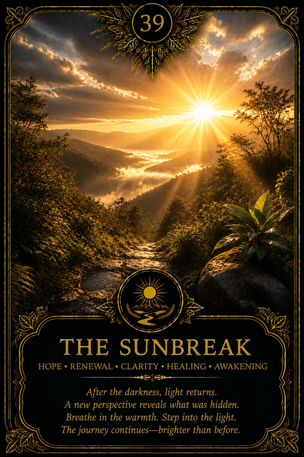 The Sunbreak: Hope, Renewal, Clarity, Healing, Awakening. Dark botanical oracle artwork.