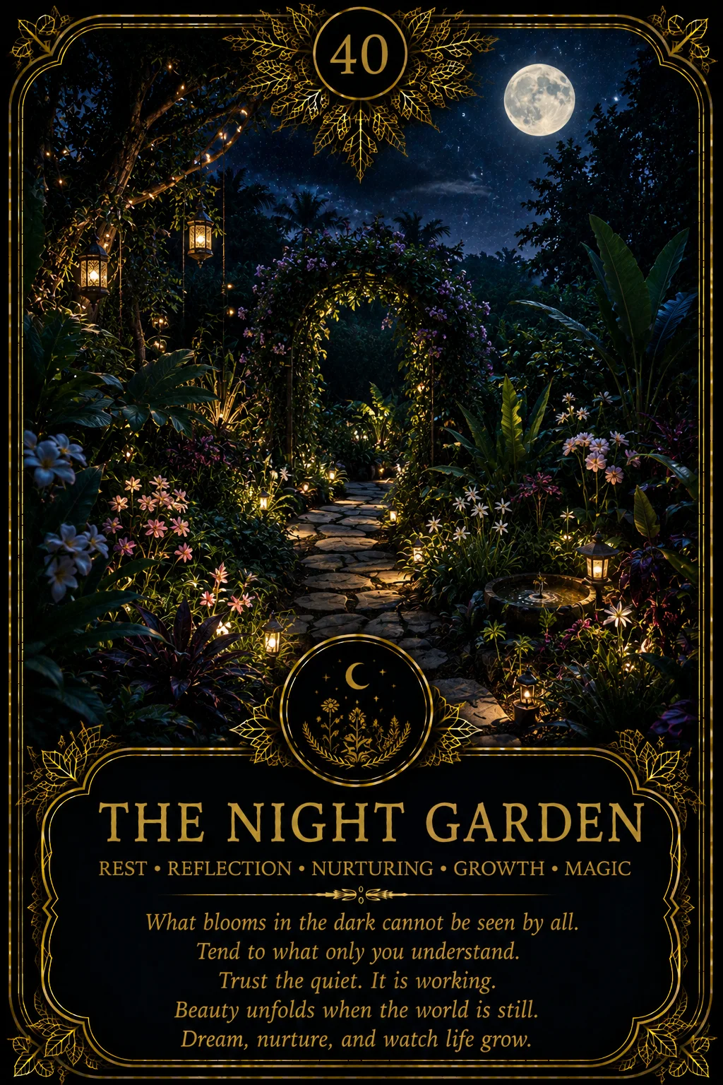 The Night Garden: Rest, Reflection, Nurturing, Growth, Magic. Dark botanical oracle artwork.