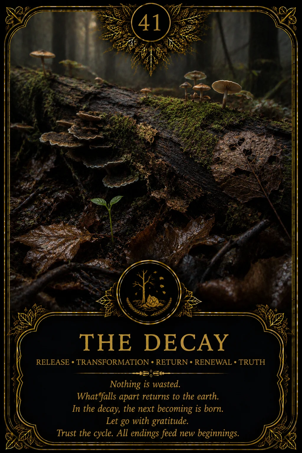 The Decay: Release, Transformation, Return, Renewal, Truth. Dark botanical oracle artwork.