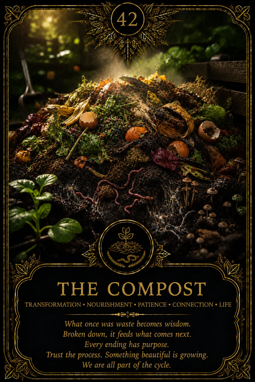 The Compost: Transformation, Nourishment, Patience, Connection, Life. Dark botanical oracle artwork.