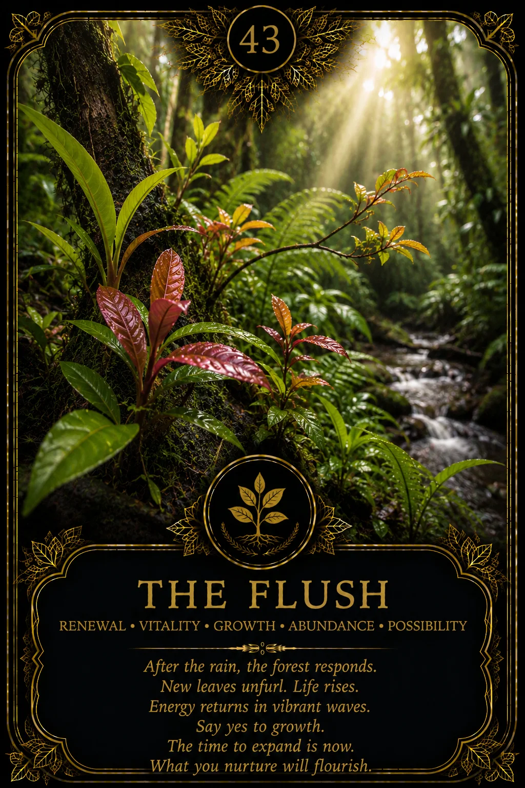 The Flush: Renewal, Vitality, Growth, Abundance, Possibility. Dark botanical oracle artwork.
