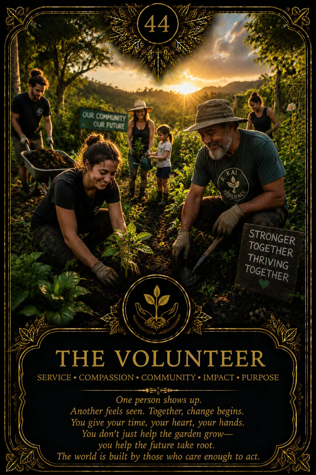The Volunteer: Service, Compassion, Community, Impact, Purpose. Dark botanical oracle artwork.