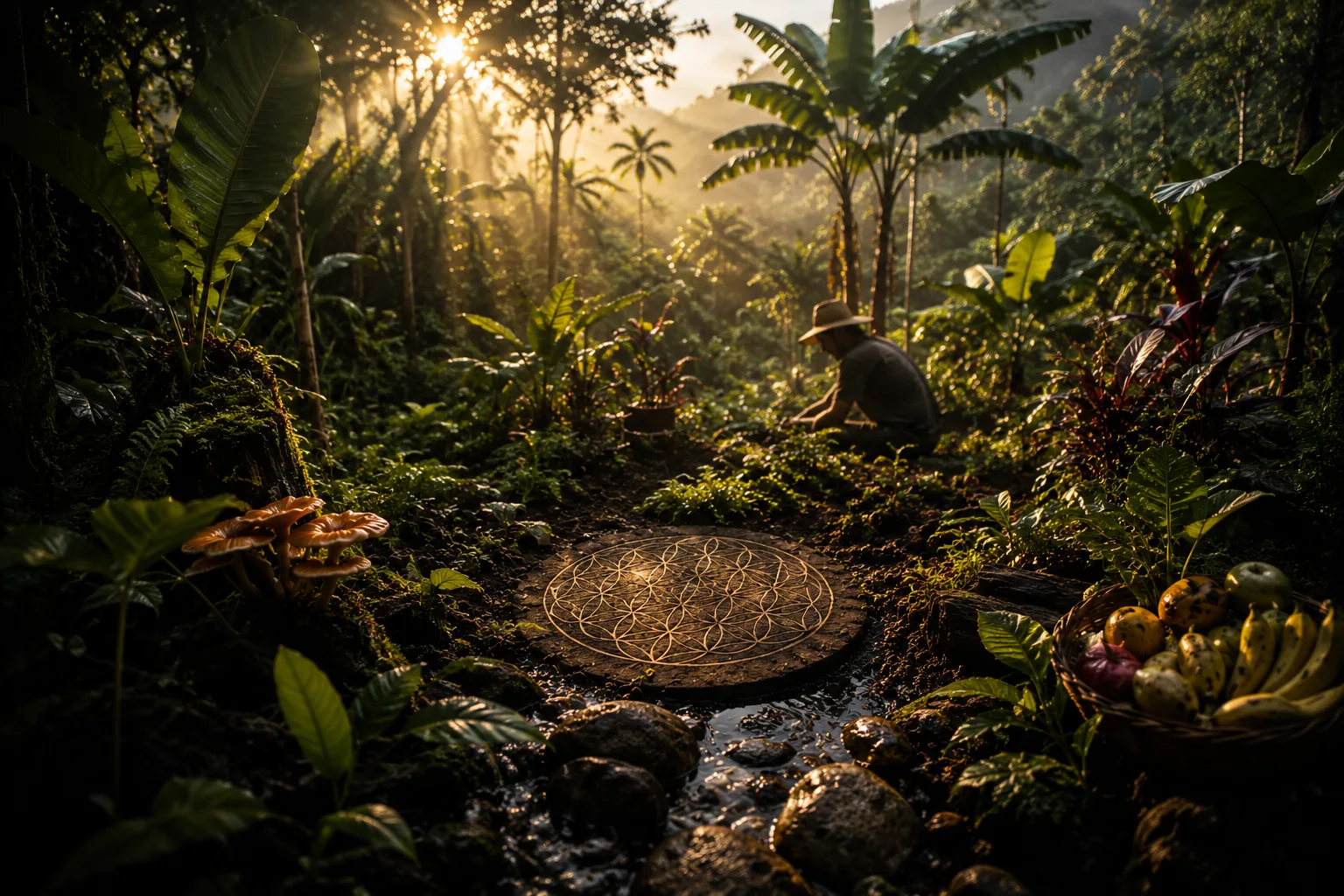 Canopy light over the Troppo garden, fruit at hand, water on stone.